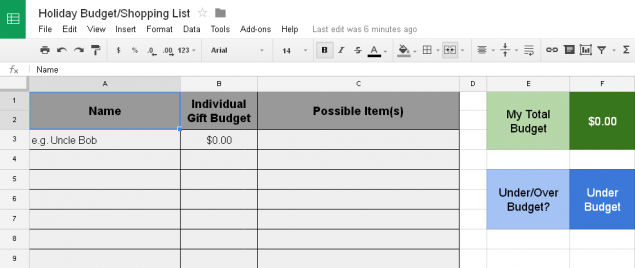 Holiday Budget Shopping List